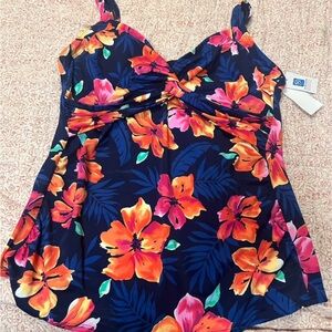 Lands' End Women's Floral Swim Blouse - Orange and Pink on Navy